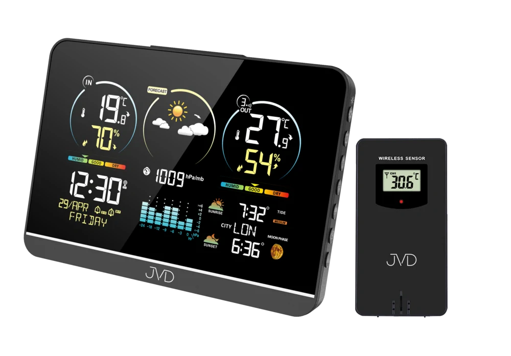 JVD Černá digitální rádiem řízená meteorologická stanice JVD RB3408