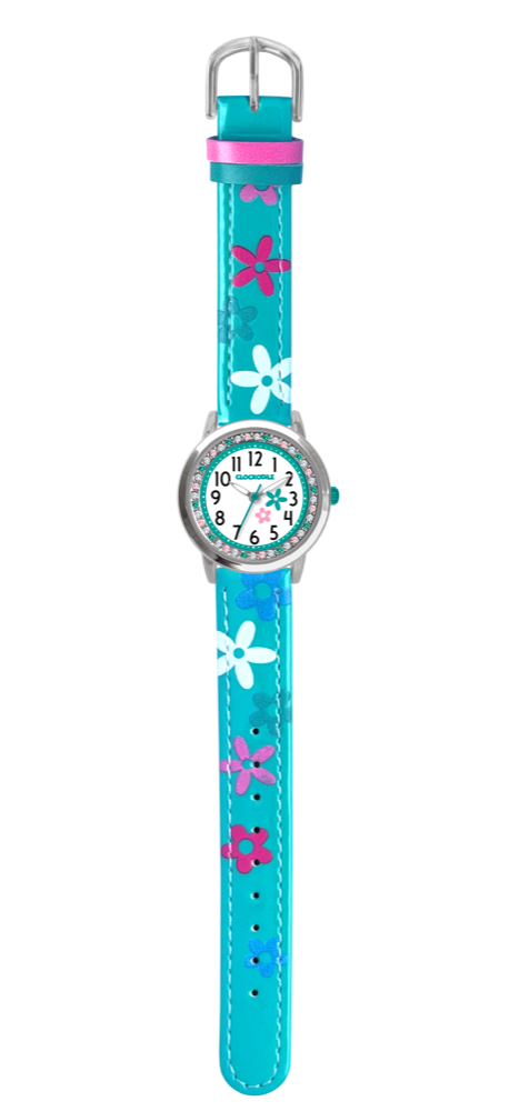 CLOCKODILE Náramkové tyrkysové dívčí dětské hodinky s kamínky a kytičkami CWG5200