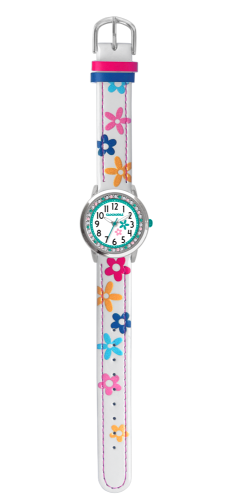 CLOCKODILE Bílé náramkové dívčí dětské hodinky s kamínky a kytičkami CWG5202 