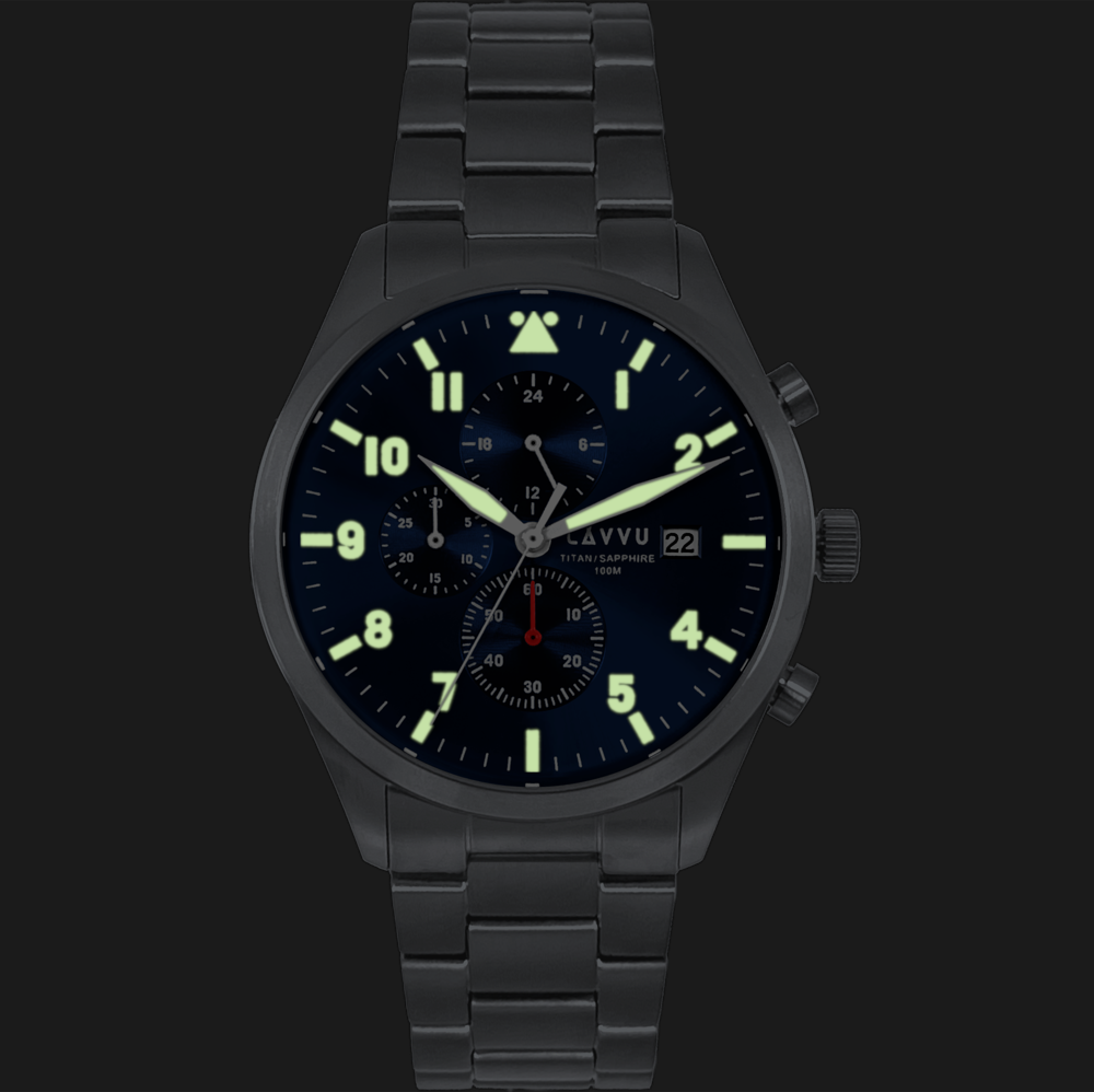 LAVVU Pánské titanové hodinky PILOT Chronograph Deep Blue 100M Sapphire LWM0290 - modrý číselník
