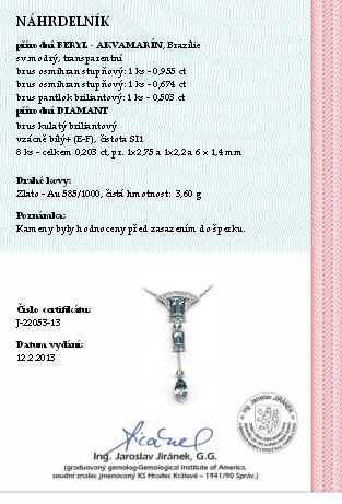 Šperkový diamantový náhrdelník s brazilským akvamarínem 585/3,60gr J-22053-13