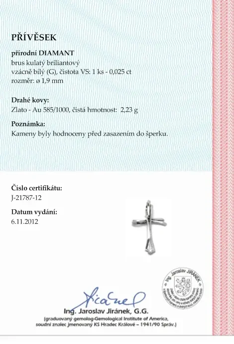 Diamantový zlatý přívěsek křížek s diamantem 585/2,23 gr J-21787-12