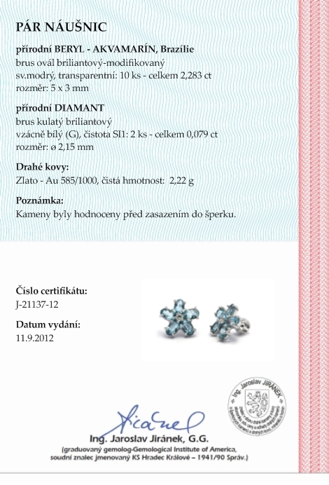 Diamantové náušnice s brazilskými akvamaríny 585/2,22 gr J-21137-12