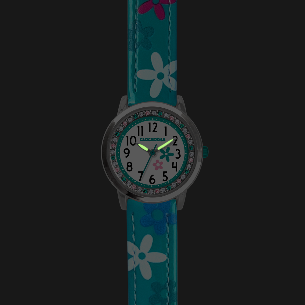 CLOCKODILE Náramkové tyrkysové dívčí dětské hodinky s kamínky a kytičkami CWG5200