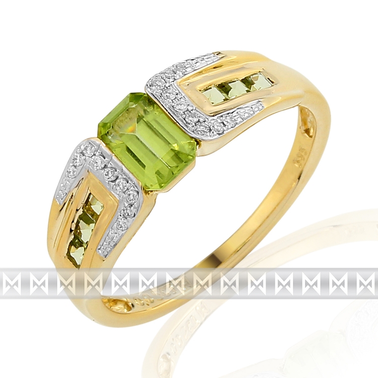 Luxusní zlatý prsten s pravými diamanty a zeleným olivínem 3811736