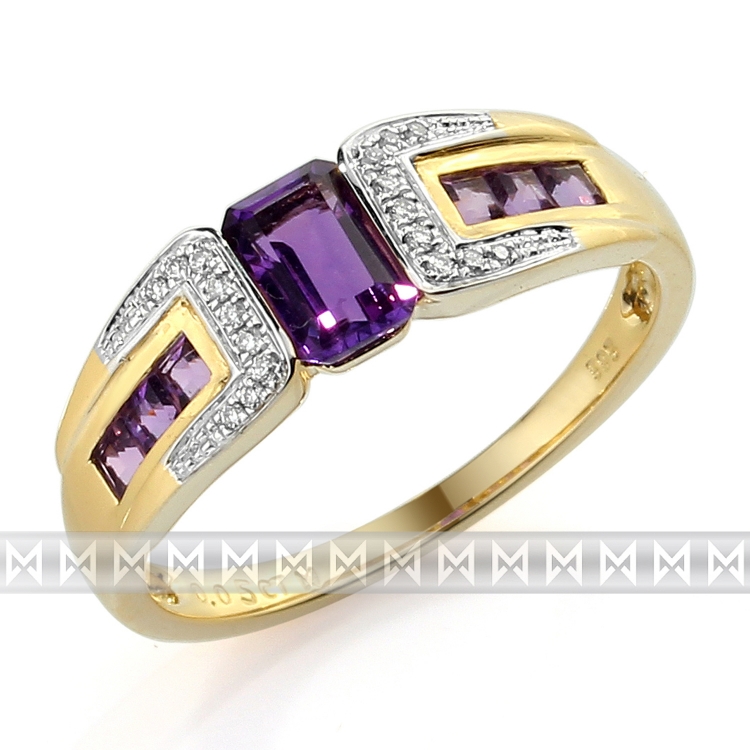 Luxusní zlatý prsten s pravými diamanty a fialovým ametystem 3811725