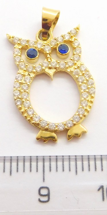 Klenoty Budín Zlatý přívěsek posetý zirkony a modrými safíry - sovička 585/1,65gr HK3020