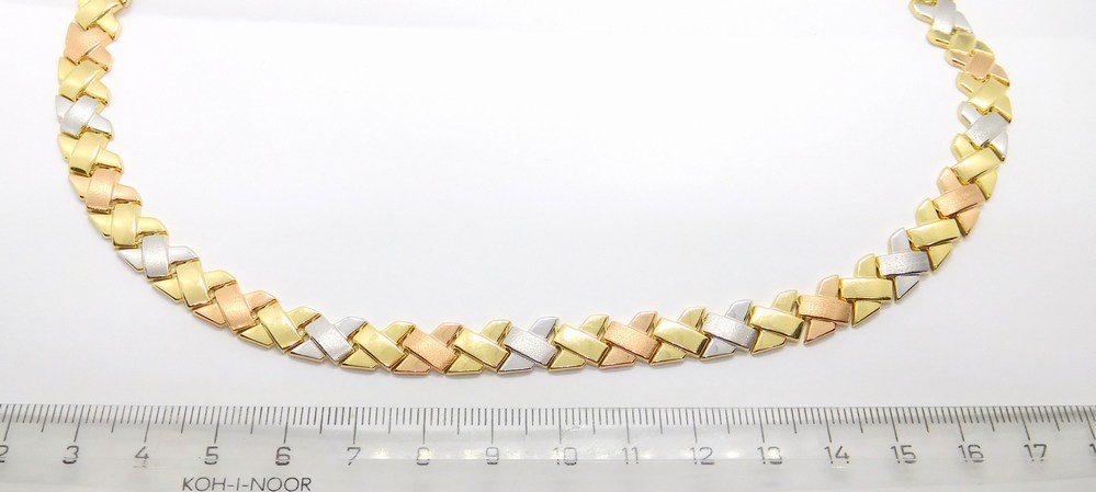 Klenoty Budín Dámský zlatý náhrdelník ze tří barev zlata koliér 585/17,82gr 45cm H2222