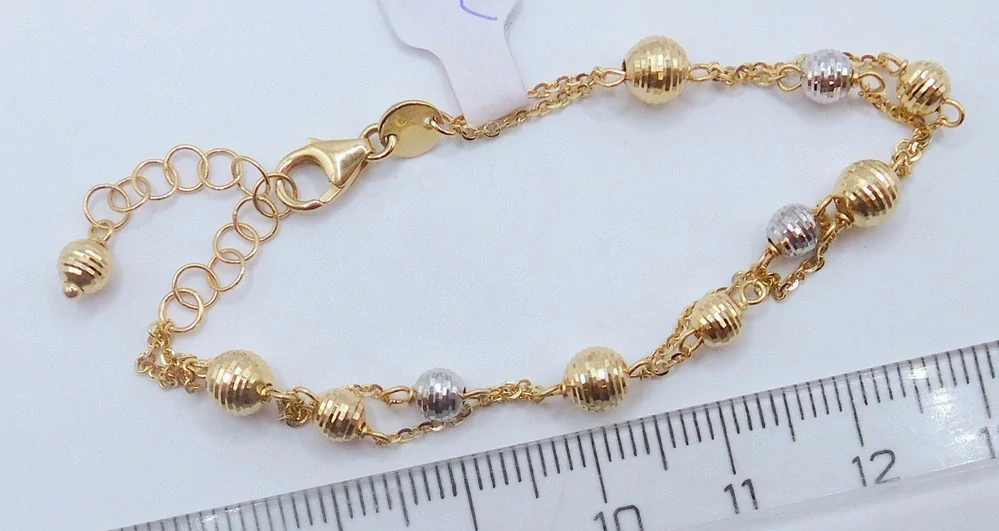 Klenoty Budín Mohutný dámský gravírovaný zlatý náramek s kuličkami (bílé a žluté AU) 585/2,42gr 19cm HK7177