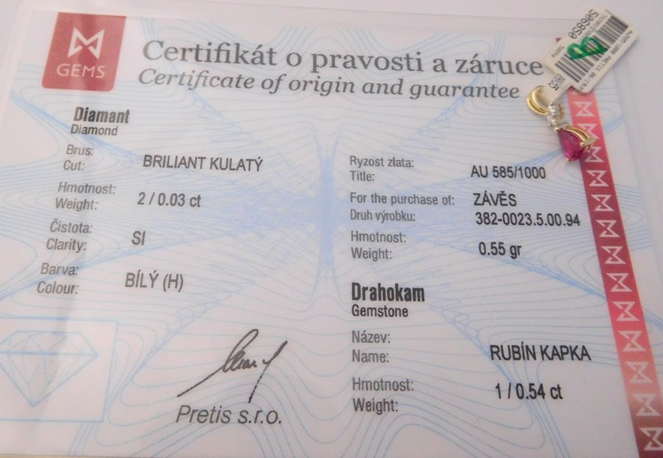 Zlatý diamantový přívěsek ze žlutého zlata s brilianty a červeným přírodním rubínem 585/0,55gr 3820023