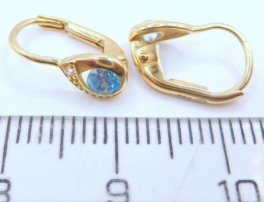 Klenoty Budín Dětské zlaté náušnice se zirkony a blue topazy na patent 585/1,12gr HK2450