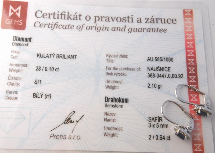 Luxusní diamantové náušnice z bílého zlata s modrými safíry 585/2,02gr 3880447