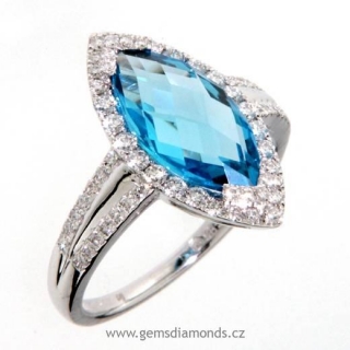 Luxusní prsten s diamanty, blue topaz, bílé zlato