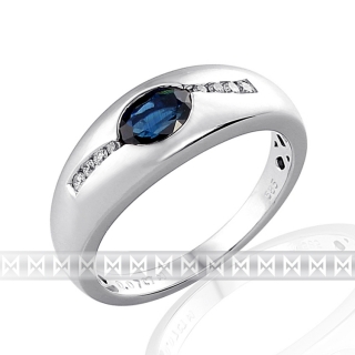 Mohutný zlatý prsten z bílého zlata s diamanty a modrým safírem 585/3,6 gr